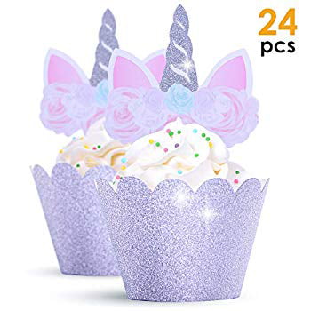 Set of 24 Unicorn Cupcake Toppers and Wrappers Double Sided Kids Cake Decoration